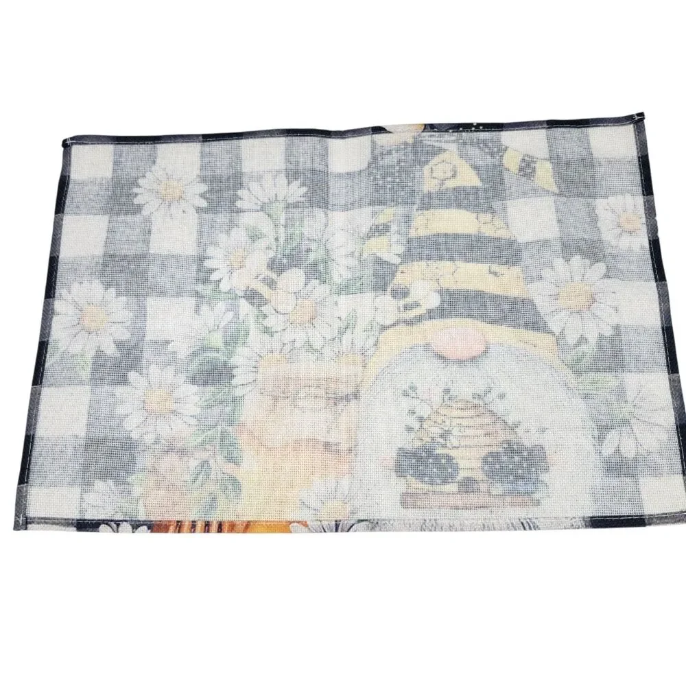 Honey Bee Gonk/Gnome Placemats Set of 4 Black White Buffalo Plaid Yellow Daisies
